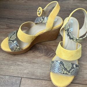 Geox Yellow Suede Wedge Sandals with Snake-Print Straps